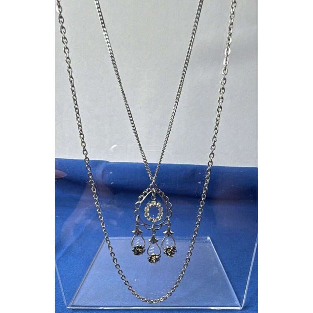 Silver Layered Double Chain Rhinestone Roses Victorian Romantic Necklace 17" - Picture 9 of 10